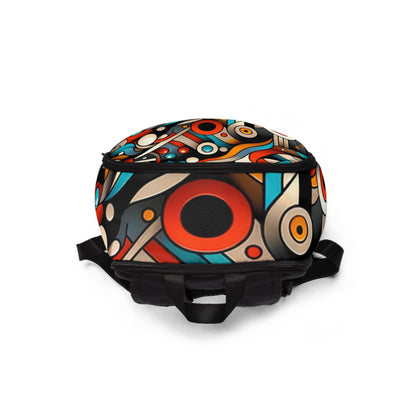 Stylish Abstract Vision Fusion Backpack by Dazzling Dreams Studio featuring vibrant cartoon and comic designs, showcasing a blend of art and functionality for contemporary elegance.