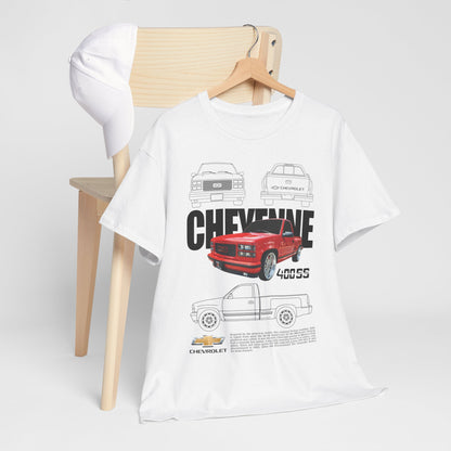 Luxuriously styled Chevrolet Cheyenne T-shirt featuring a stunning red truck design and detailed artwork, perfect for casual outings and car enthusiasts.
