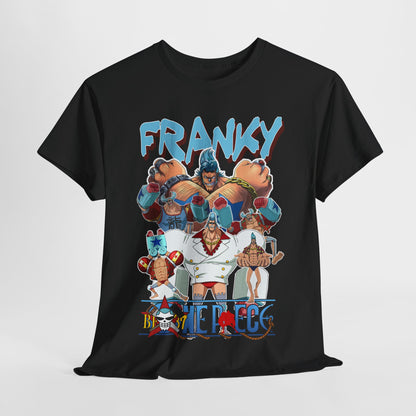 Luxurious black t-shirt featuring vibrant and stylish 'Franky' graphic from the beloved anime 'One Piece', showcasing iconic characters with bold typography and eye-catching design elements, perfect for anime enthusiasts and fashion aficionados.