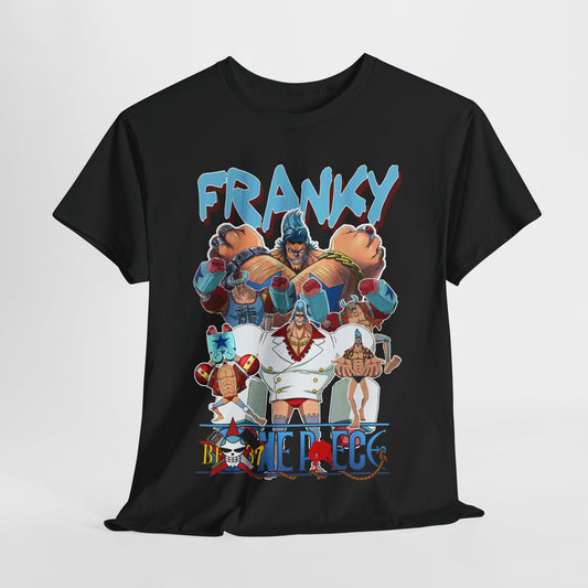 Luxurious black t-shirt featuring vibrant and stylish 'Franky' graphic from the beloved anime 'One Piece', showcasing iconic characters with bold typography and eye-catching design elements, perfect for anime enthusiasts and fashion aficionados.