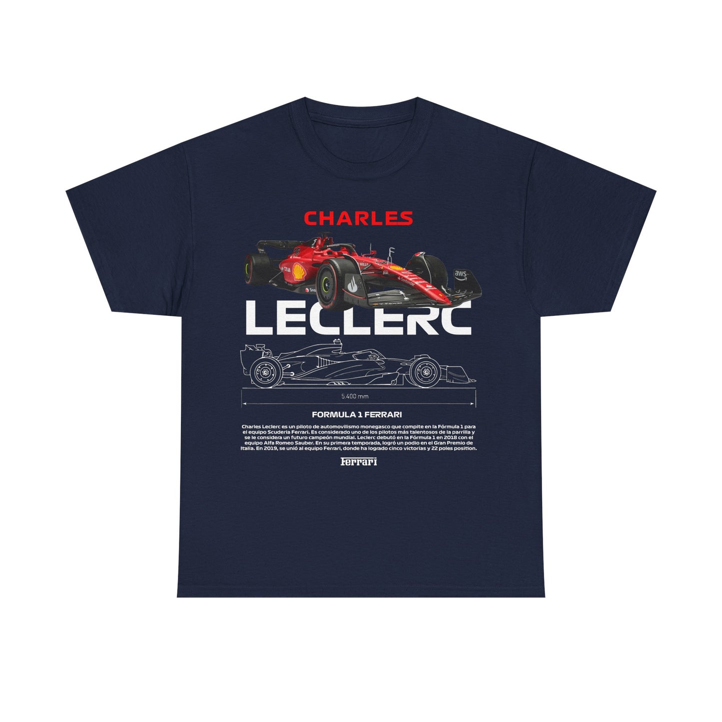An elegant navy blue men's t-shirt with a high-impact design highlighting Charles Leclerc's name alongside a stylish Ferrari race car, ideal for fashionable fans of motorsport.