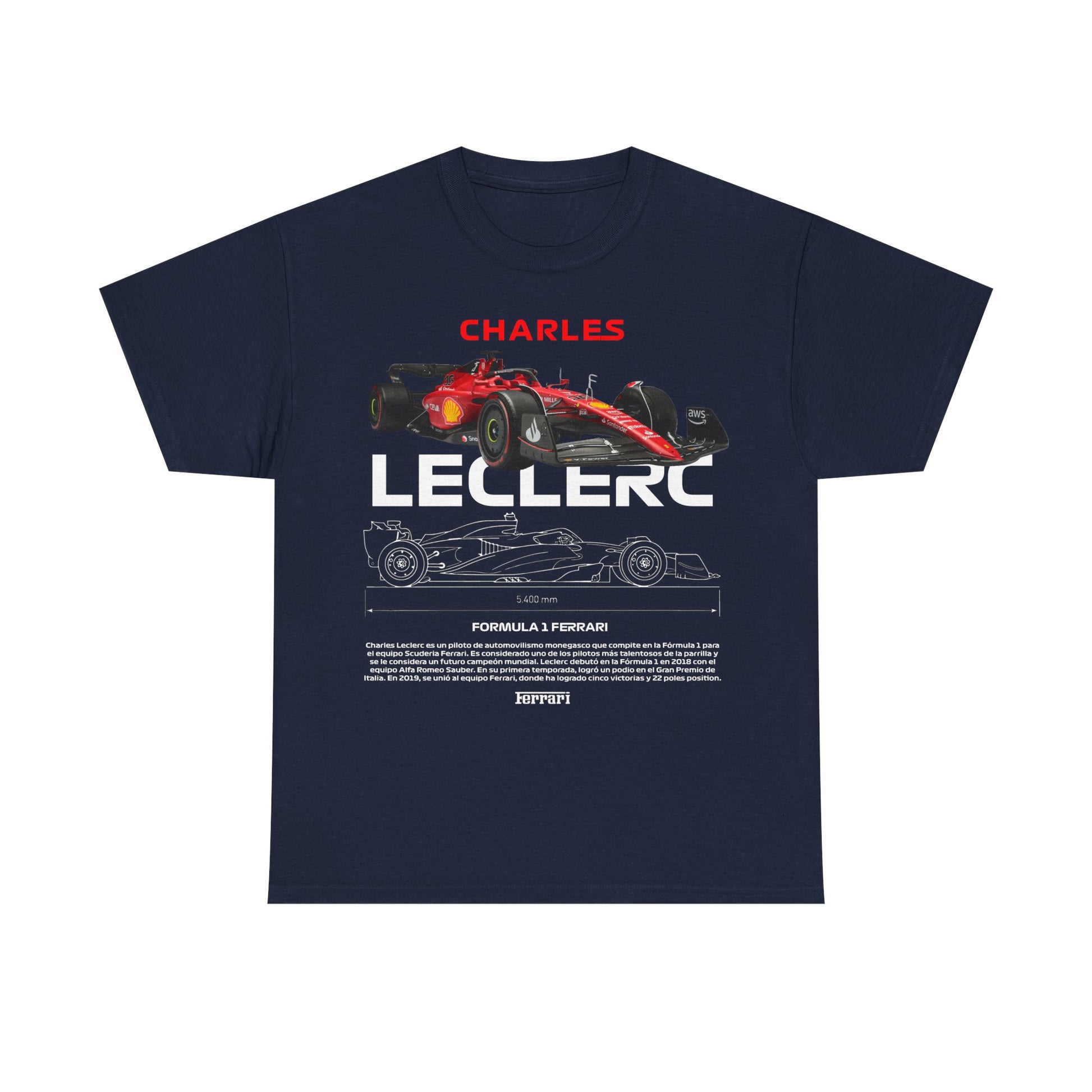 An elegant navy blue men's t-shirt with a high-impact design highlighting Charles Leclerc's name alongside a stylish Ferrari race car, ideal for fashionable fans of motorsport.