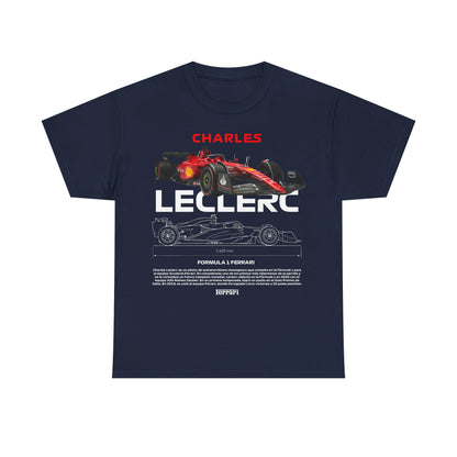 An elegant navy blue men's t-shirt with a high-impact design highlighting Charles Leclerc's name alongside a stylish Ferrari race car, ideal for fashionable fans of motorsport.