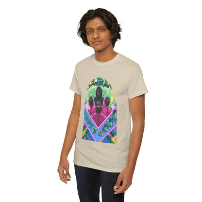 A stylish unisex graphic t-shirt featuring a vibrant illustration inspired by the Netflix series Squid Game, showcased on a model. The shirt features an intricate design with bold colours, embodying themes of rebellion and humor.