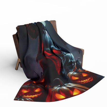 The Decorative and Warm Halloween Spooky Arctic Fleece Blanket elegantly cascading over an armchair, with a vibrant display of spooky elements perfect for autumn decor.