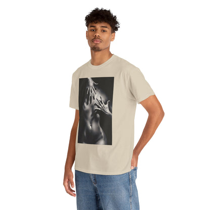 Stylish model wearing a chic beige graphic t-shirt featuring an artistic depiction of hands reaching for a body, exuding contemporary fashion.