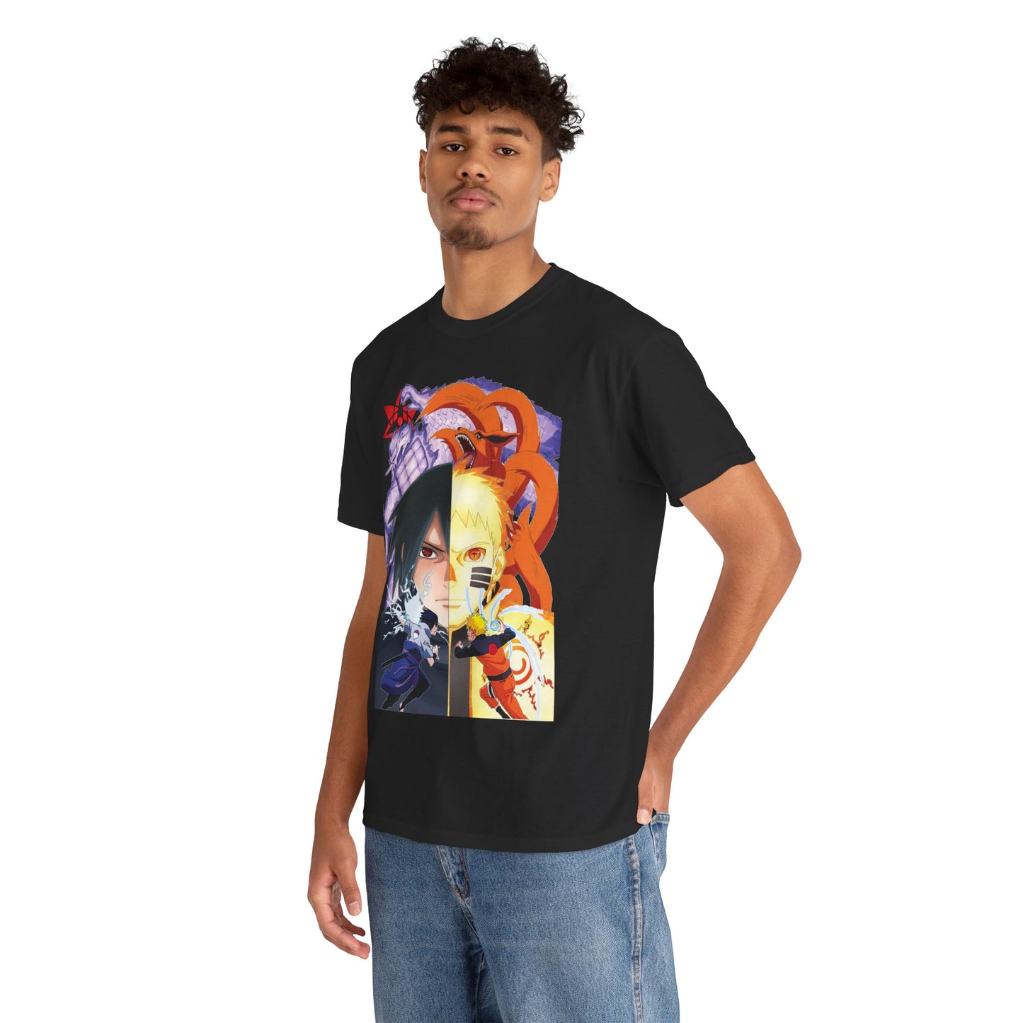 Model wearing a premium black T-shirt with dynamic artwork of Sasuke and Naruto, perfectly tailored for fashionable anime enthusiasts.
