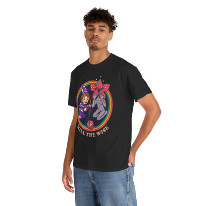 Sophisticated model wearing a graphic tee featuring a whimsical cartoon design of a wizard girl and a creature, elegantly highlighted with the phrase 'WILL THE WISE'.