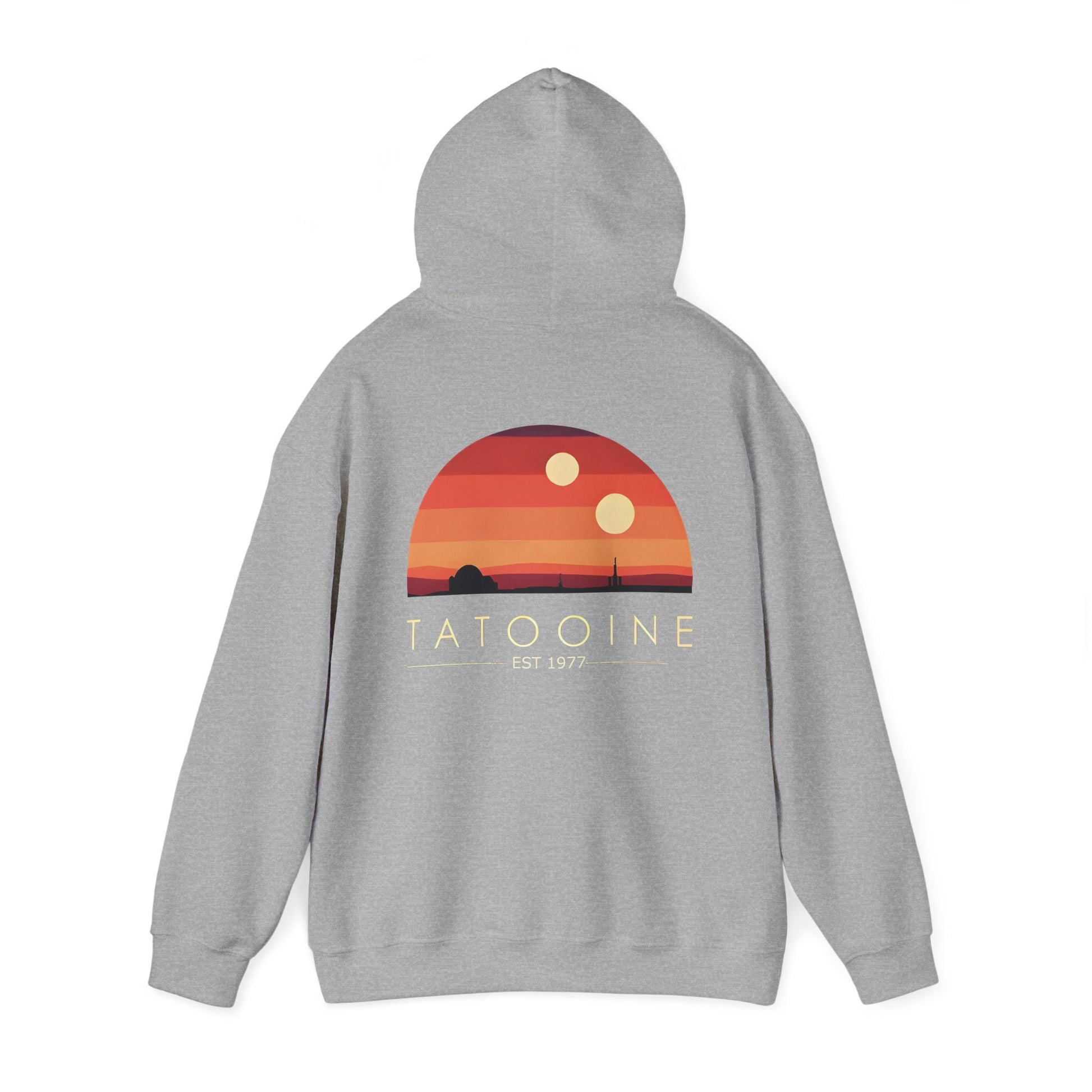 Close-up of the bold 'TATOOINE' branding on the Stunning Tatooine Sunset Back Print Hoodie.