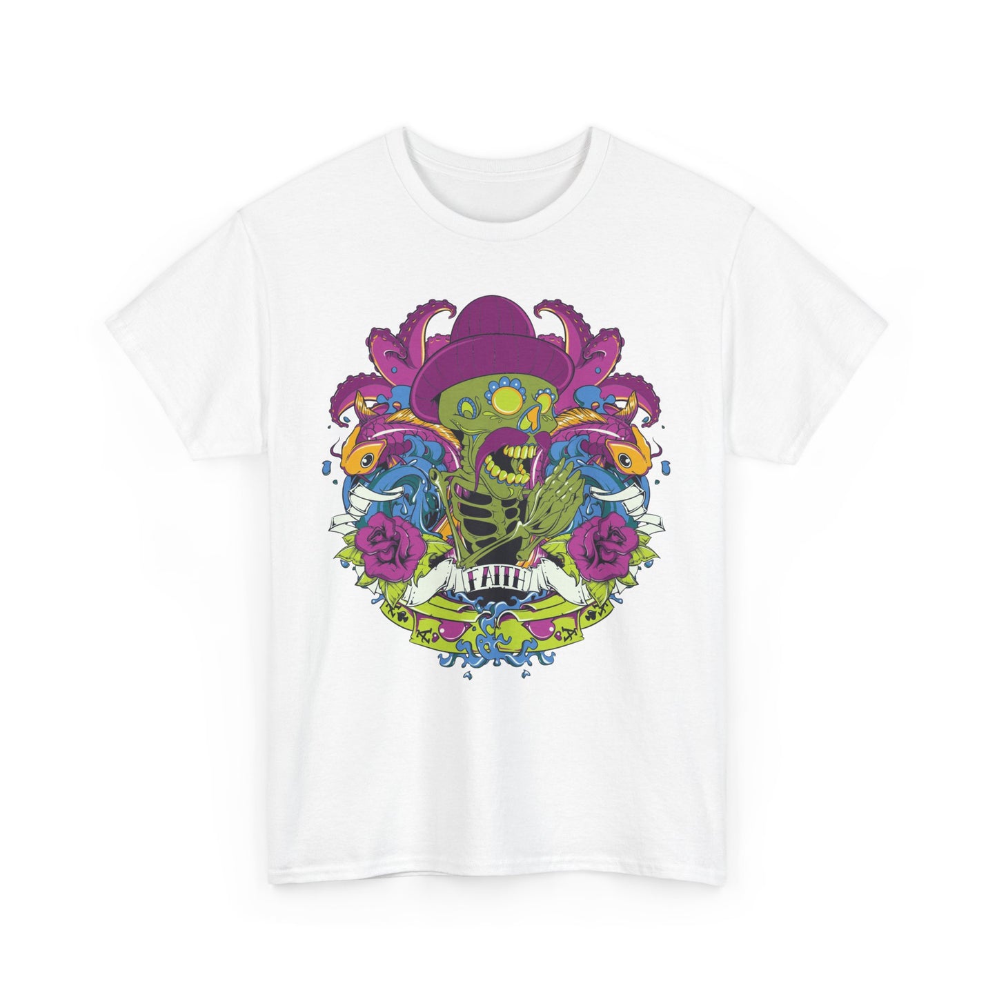 Stylish white t-shirt featuring a vibrant skeleton design adorned with an octopus, koi fish, and roses, representing a fusion of creativity and individuality.
