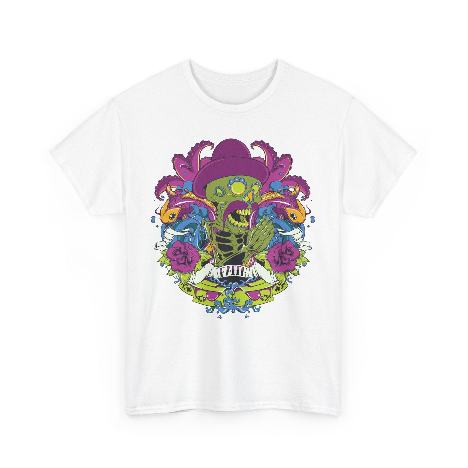Stylish white t-shirt featuring a vibrant skeleton design adorned with an octopus, koi fish, and roses, representing a fusion of creativity and individuality.