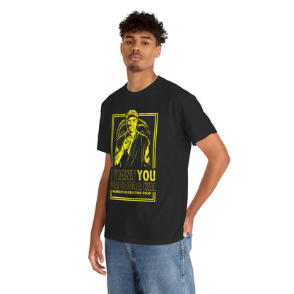 Luxury graphic T-shirt featuring a classic Cobra Kai design, showcasing a stylised image and humorous slogan. Perfect for fans of the iconic martial arts series, made from high-quality cotton for both men and women.