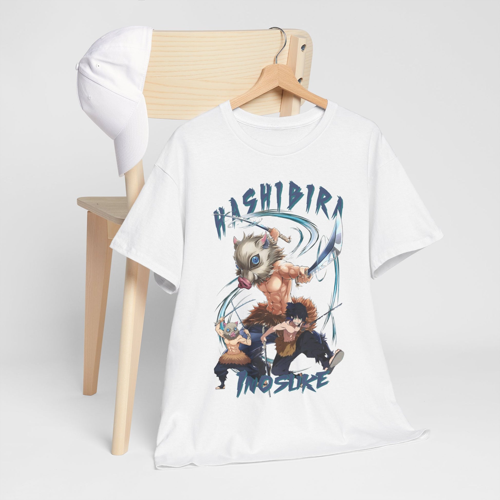 Chic Hashibira Inosuke t-shirt elegantly presented with a cap on a minimalist chair, embodying a blend of comfort and high fashion.