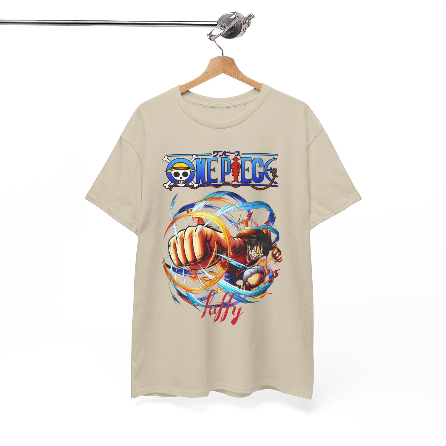 Elegant display of a men’s beige t-shirt hung on a stylish wooden hanger, featuring a bold adventure-themed graphic that captures attention with vivid hues.