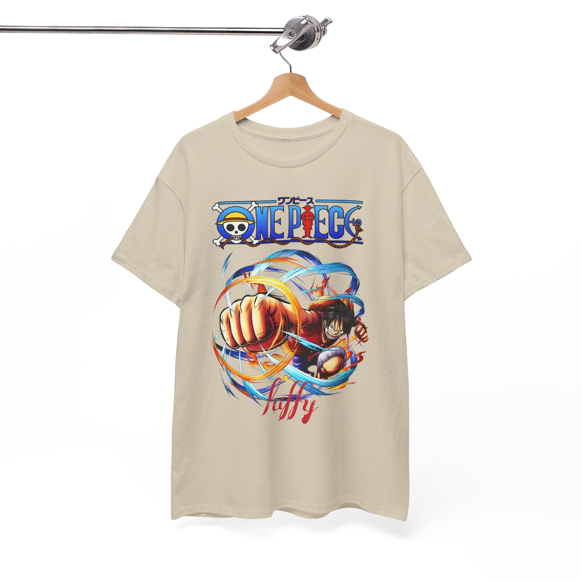 Elegant display of a men’s beige t-shirt hung on a stylish wooden hanger, featuring a bold adventure-themed graphic that captures attention with vivid hues.