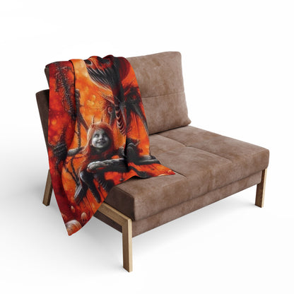 Cozy Decorative and Warm Halloween Spooky Arctic Fleece Blanket draped elegantly over a modern brown armchair, showcasing vibrant Halloween themed designs.