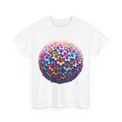 Front view of the Iridescent Floral Sphere Unisex Cotton Tee featuring a stunning iridescent floral graphic, ideal for both casual and stylish outings.