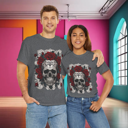Skulls and Roses Cotton Tee displayed by a male and female model, showcasing the intricate gothic design with skulls and roses on a stylish grey fabric, perfect for alternative fashion enthusiasts.