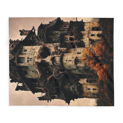 Close-up view of the decorative Halloween-themed Arctic Fleece Blanket featuring a haunted house design, perfect for cosy Halloween nights.