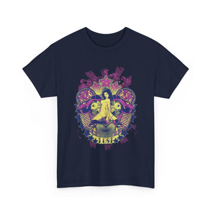 Sophisticated navy men’s t-shirt adorned with a striking graphic print of a seated figure surrounded by mechanical motifs, embodying edgy elegance.