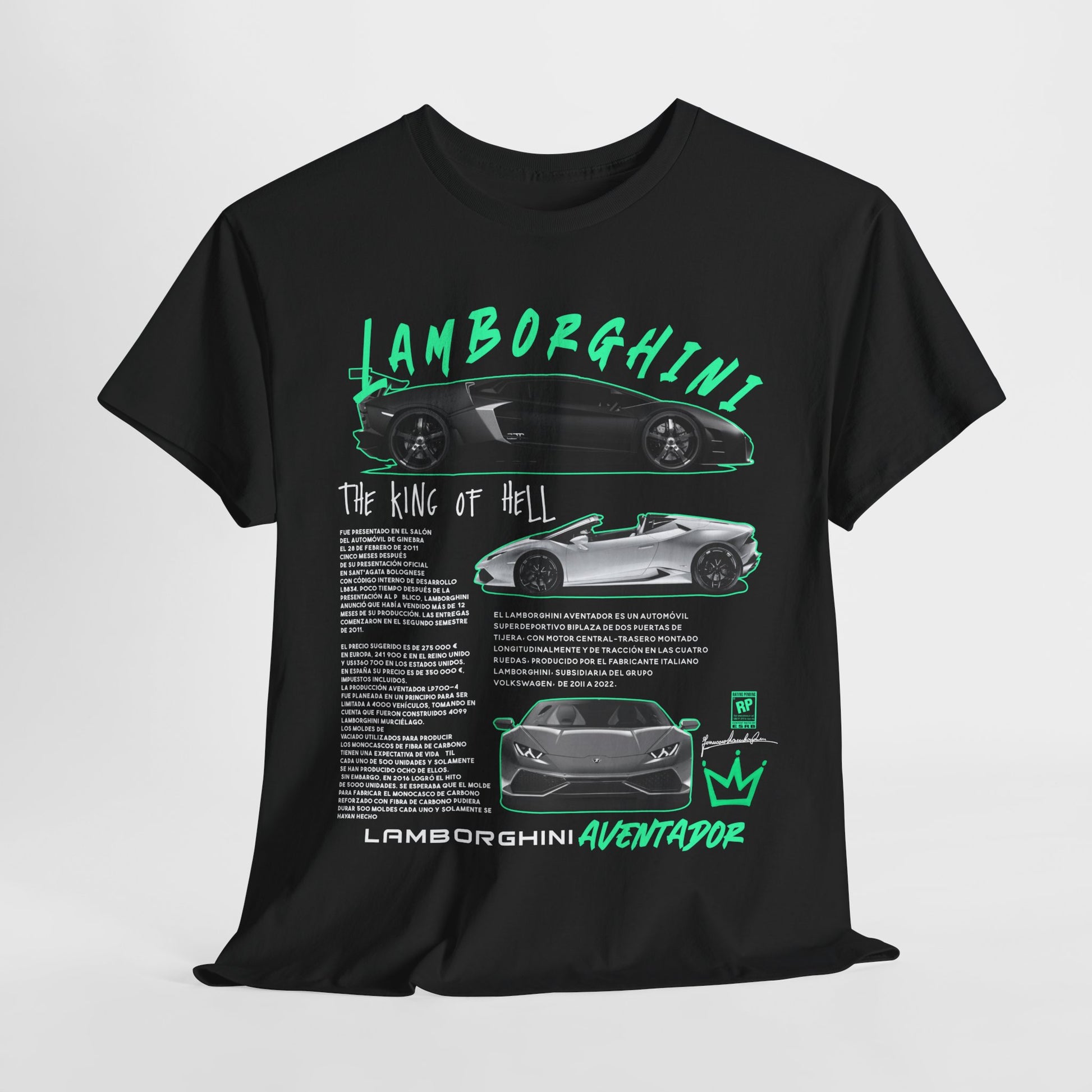 Elegant black t-shirt featuring the Lamborghini Aventador, adorned with striking graphics and detailed descriptions celebrating automotive excellence.
