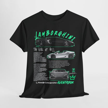 Elegant black t-shirt featuring the Lamborghini Aventador, adorned with striking graphics and detailed descriptions celebrating automotive excellence.