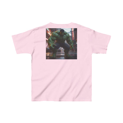 Kids Heavy-Duty Hulk Graphic Tee in pink featuring a striking Hulk image on the back, perfect for young superheroes.
