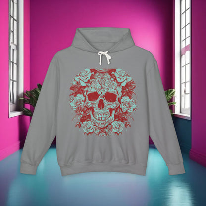 Skull and Roses Lightweight Hoodie, a luxurious and edgy unisex designer sweatshirt featuring a striking skull and roses graphic, perfect for streetwear enthusiasts.