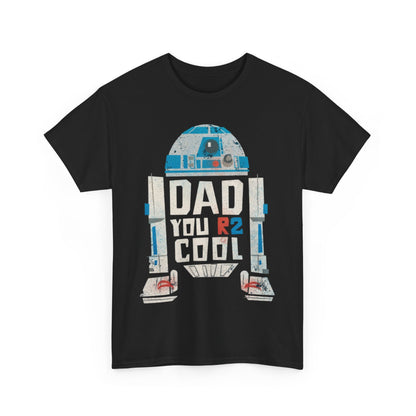 Chic black Star Wars R2D2 DAD Graphic T-Shirt showcasing a stylish graphic of R2-D2 with the phrase 'DAD YOU R2 COOL'. A sophisticated choice for Father's Day gifting.
