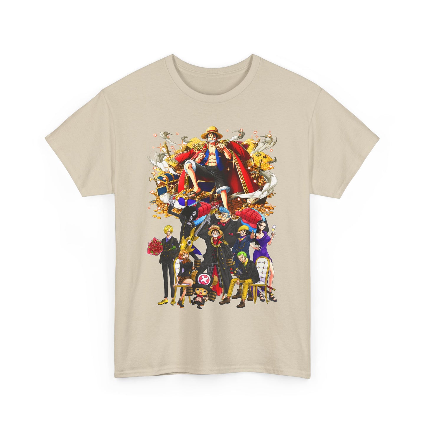 Chic beige t-shirt adorned with a captivating anime crew design, celebrating luxury in everyday fashion for anime fans.