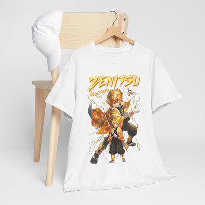 Fashionable Zenitsu Agatsuma t-shirt positioned with a wooden chair, capturing the essence of anime elegance, perfect for a modern casual look.