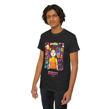 Sophisticated graphic cotton t-shirt featuring a vibrant design inspired by Squid Game, showcasing bold colours and a playful theme suitable for unisex wear.
