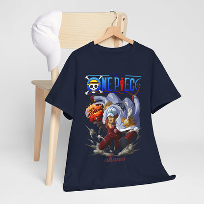Chic One Piece Akainu t-shirt displayed on a modern chair, complemented by a stylish cap, capturing a fashionable and trendy look for anime lovers.
