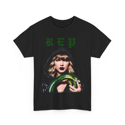 Front view of the elegant Taylor Swift Reputation Era unisex cotton t-shirt featuring a striking graphic of Taylor Swift with a green snake, ideal for celebrating the reputation era.