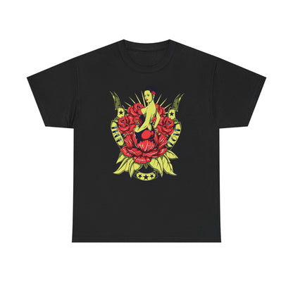 Chic black t-shirt showcasing a stunning tattoo-style pin-up graphic adorned with lush roses and sophisticated scrollwork, ideal for a fashionable, edgy look.