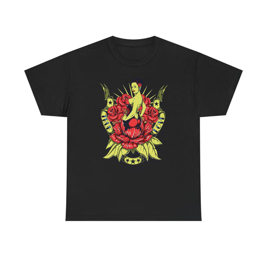 Chic black t-shirt showcasing a stunning tattoo-style pin-up graphic adorned with lush roses and sophisticated scrollwork, ideal for a fashionable, edgy look.