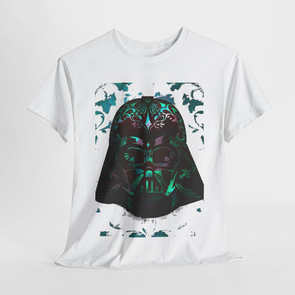 Stylish Star Wars Vader art graphic t-shirt in white featuring a vibrant design of Darth Vader's helmet adorned with intricate floral patterns, perfect for urban streetwear.