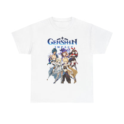 Elegant white Genshin Impact T-shirt showcasing iconic anime characters in vivid detail, ideal for casual wear and anime fans.