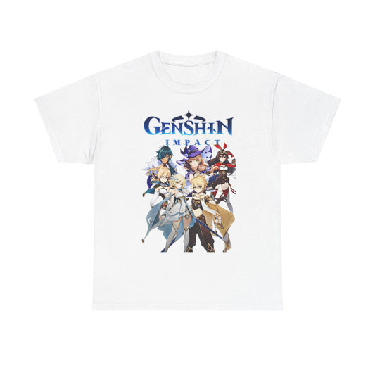 Elegant white Genshin Impact T-shirt showcasing iconic anime characters in vivid detail, ideal for casual wear and anime fans.