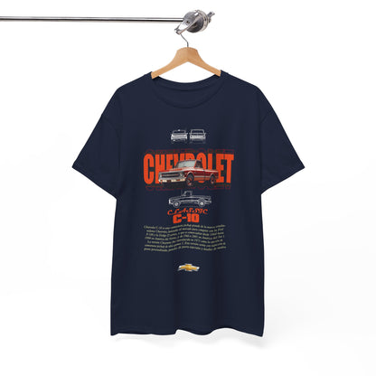 Stylish Classic Chevrolet C-10 graphic t-shirt hanging elegantly, adorned with a rich truck design and bold typography, perfect for the discerning car enthusiast.