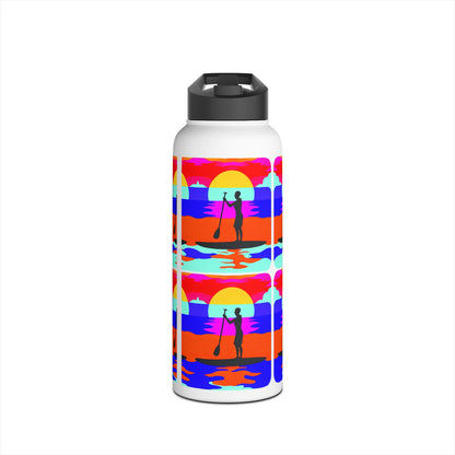 Elegant Fantasy Paddleboarding Stainless Steel Water Bottle showcasing a striking paddleboard silhouette against a colourful sunset, designed for the discerning adventurer.