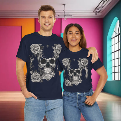 Luxury Skulls and Roses Cotton Tee showcased on a male and female model, embodying edgy alternative fashion in a vibrant setting.