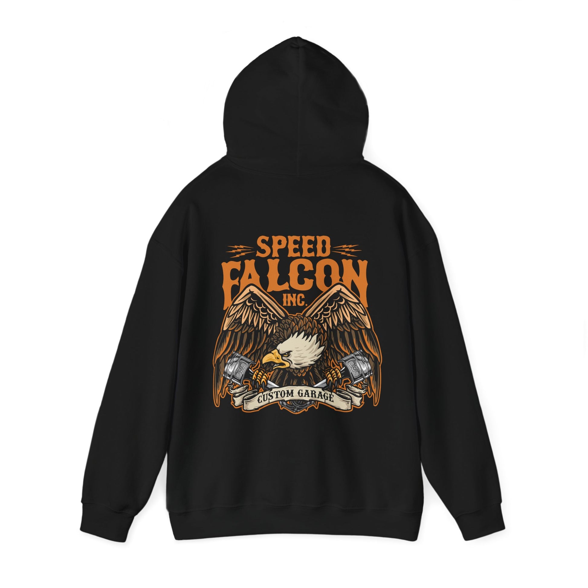 Elegant black hoodie showcased with a detailed eagle design and 'SPEED FALCON INC.' inscription, exuding sophistication and adventurous spirit.
