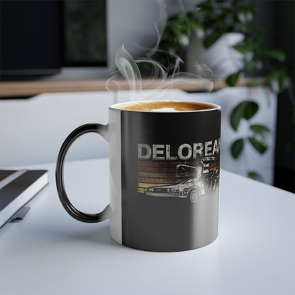 Elegant Back To The Future DeLorean Colour Morphing Mug showcasing the iconic time machine design, steaming with a hot beverage, perfect for nostalgic fans and luxurious drinkware collections.