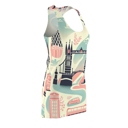 An artistic view of the Pastel London Landmarks Racerback Dress, capturing the essence of London’s charm with elements like double-decker buses and telephone booths.