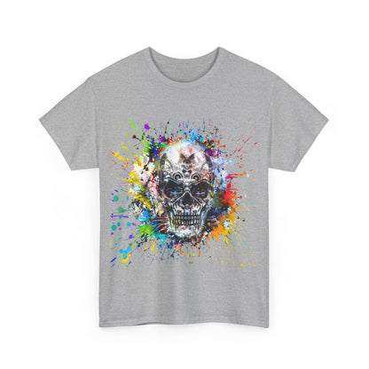 Front view of the grey Color Splash Skull Tee, featuring an eye-catching skull graphic and artistic colour splashes, ideal for casual wear.