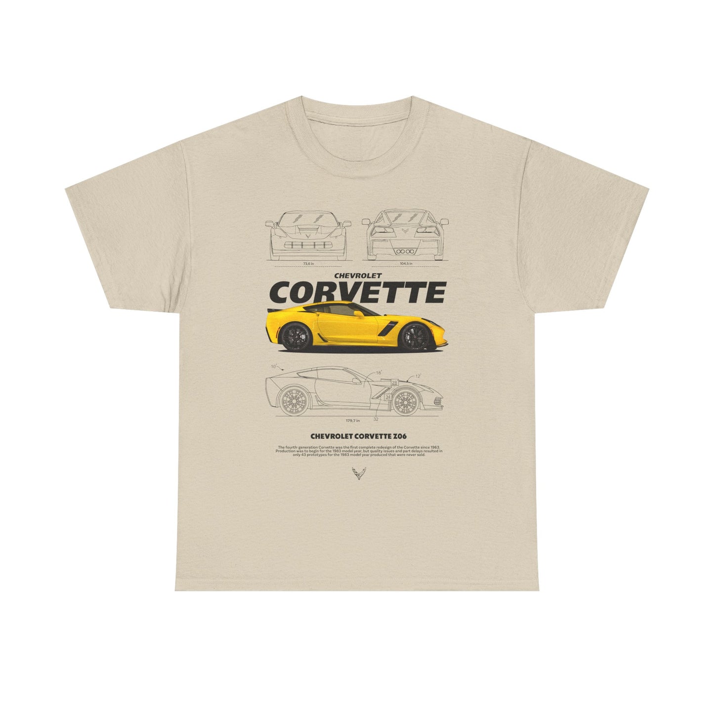Elegant men's beige t-shirt displaying a sophisticated art print of the Chevrolet Corvette Z06, featuring both detailed schematics and a vibrant yellow car depiction.