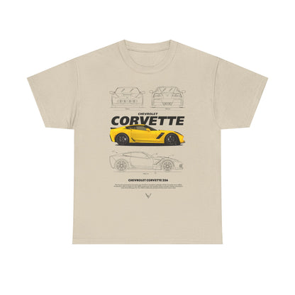 Elegant men's beige t-shirt displaying a sophisticated art print of the Chevrolet Corvette Z06, featuring both detailed schematics and a vibrant yellow car depiction.