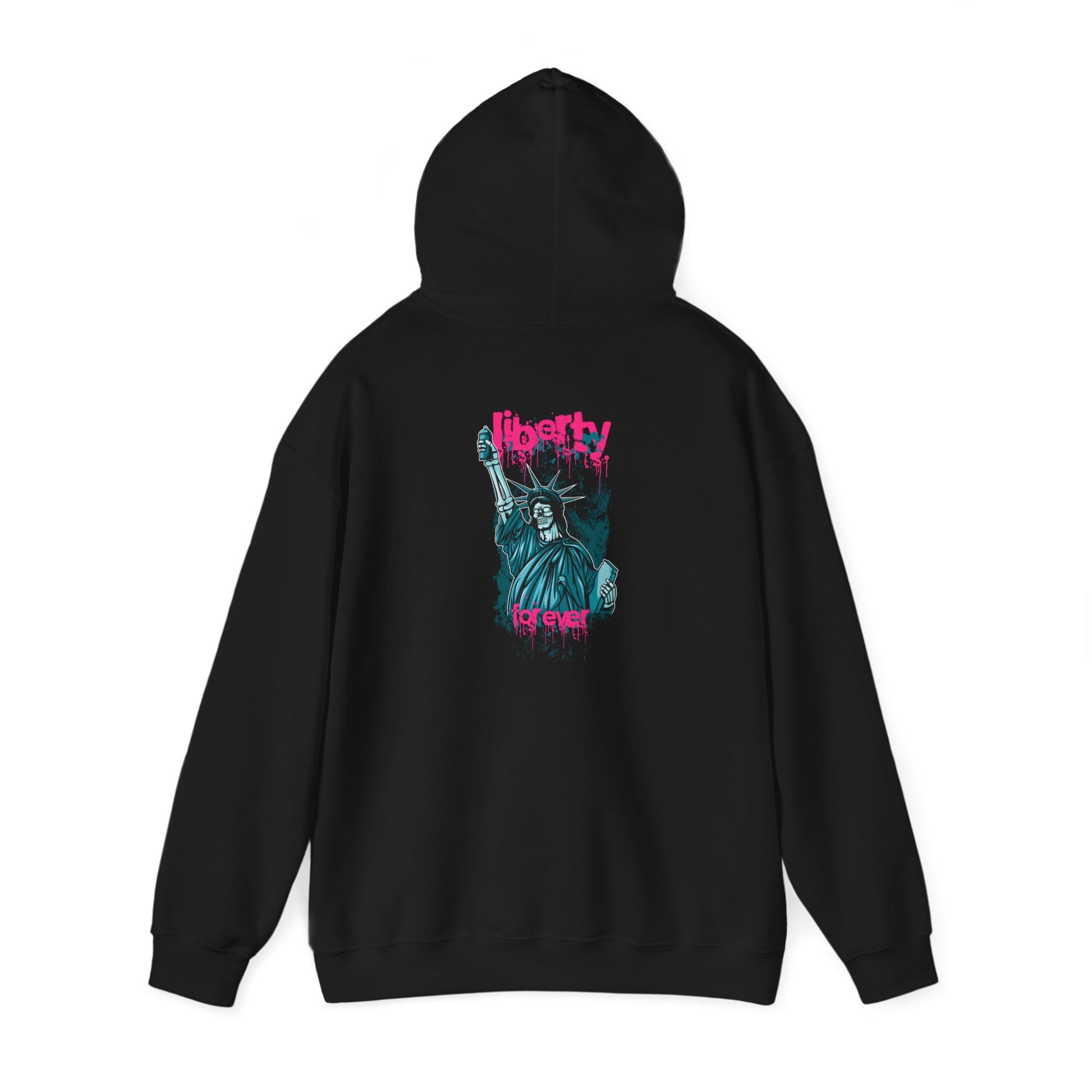 Stylish black hoodie featuring a prominent urban design with the Statue of Liberty, showcasing exquisite craftsmanship for a sophisticated appeal.