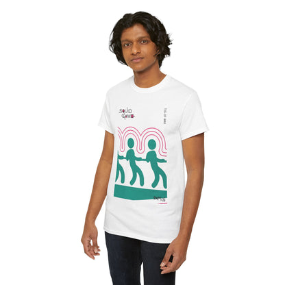 Sophisticated individual showcasing a trendy Squid Game graphic T-shirt, illustrating a lively tug-of-war scene, ideal for fashion-forward enthusiasts.